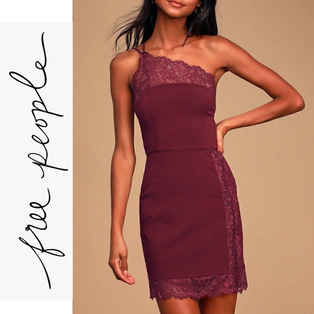 NWT FREE PEOPLE Premonitions Bodycon One-Shoulder Mini Lace Burgundy Dress S